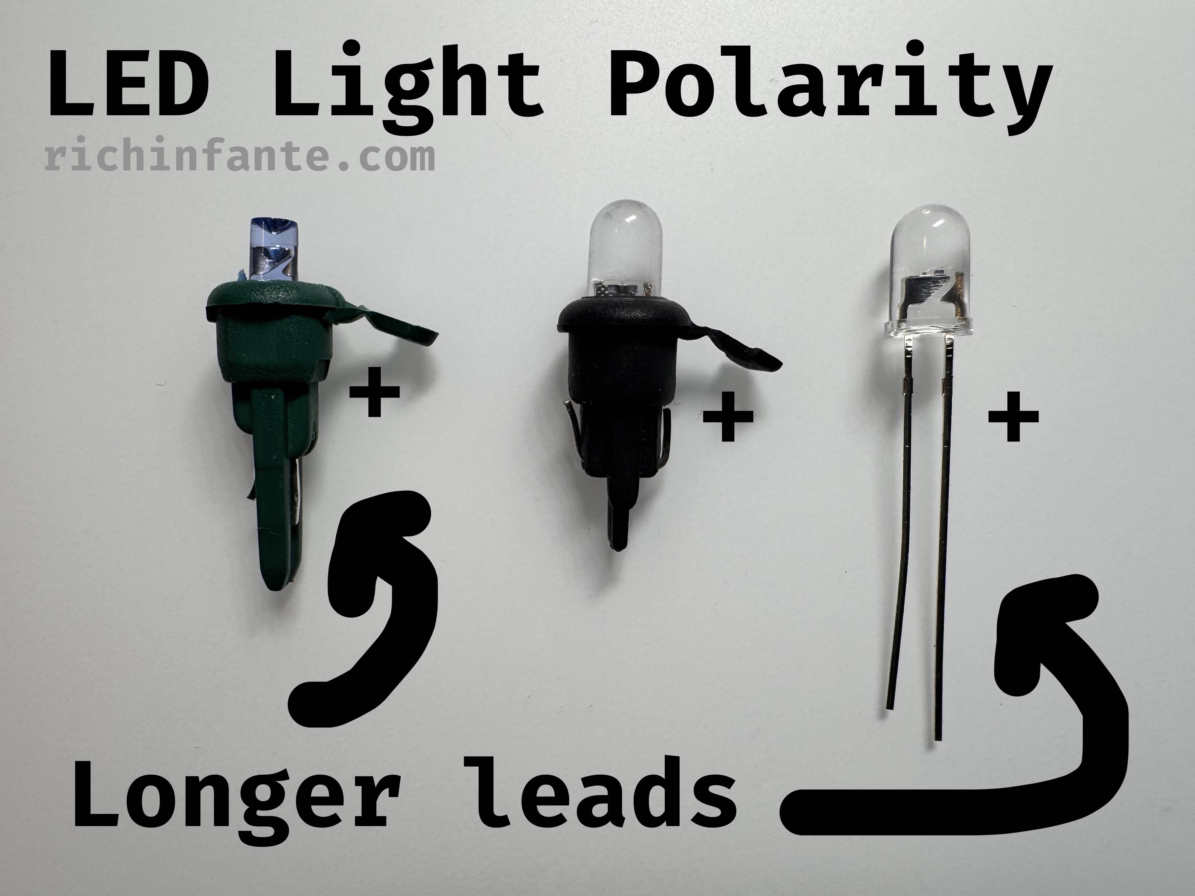 different replacement LEDs, showing polarity